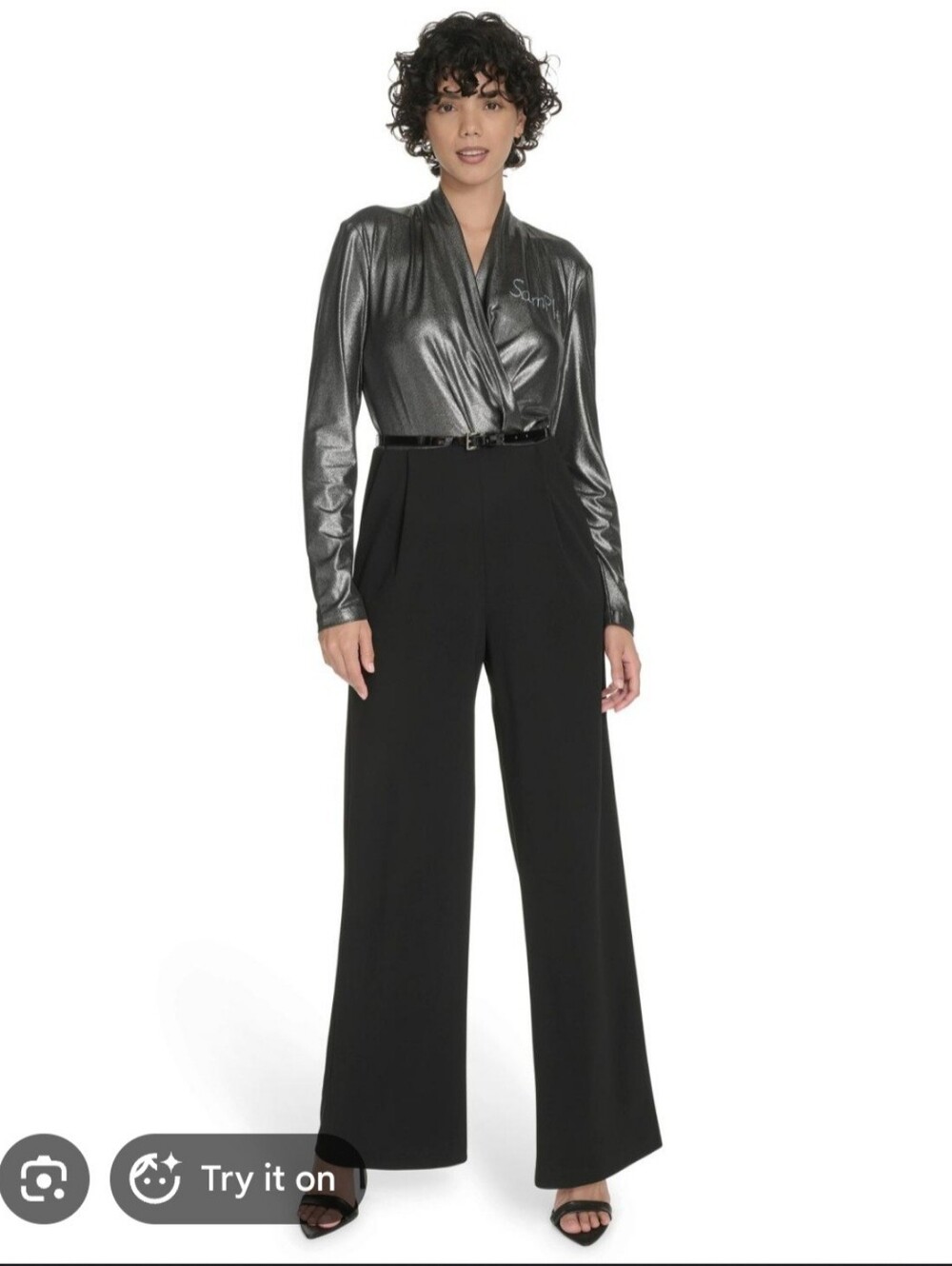 Tommy Hilfiger Metallic Gray Wrap  with Black Wide-Leg Jumpsuit Size 10 NWT